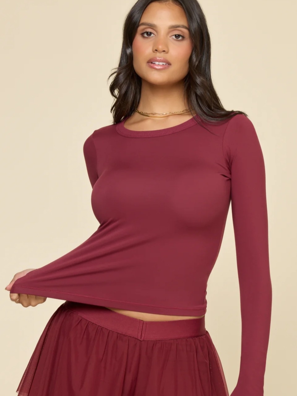 Popflex Call Me Baby Long Sleeve Crewneck Top in Crimson New - Picture 2 of 6